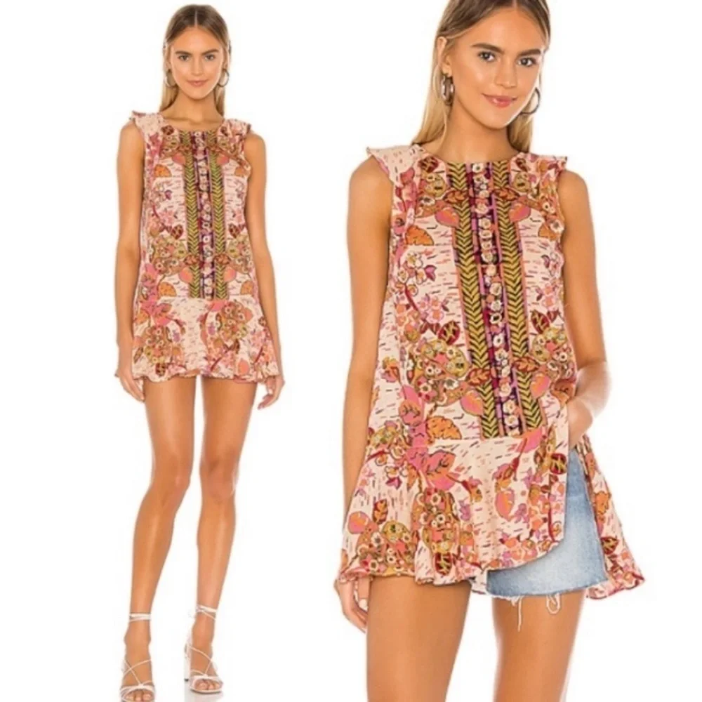 NEW Free People Summer In Tulum Pink Combo Tunic Floral Summer Sleeveless Top XS